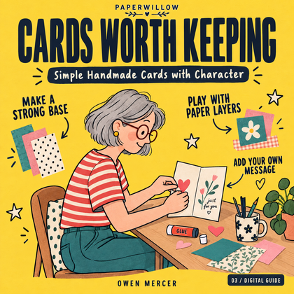 Cards Worth Keeping digital guide cover, illustrated paper-craft scene on a yellow background.